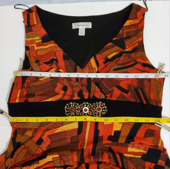 DRESSBARN ORANGE/BLACK FIT & FLARE ASYMMETRICAL SURPLICE SLEEVELES SZ 10 - Picture 4 of 10